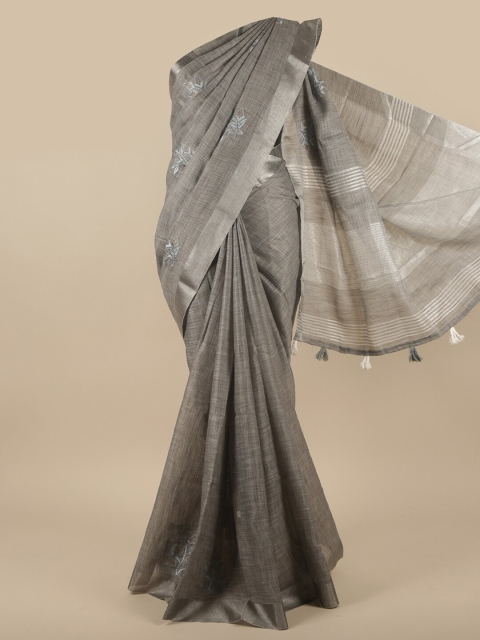 

Pothys Grey & Silver-Toned Floral Beads and Stones Zari Linen Blend Saree