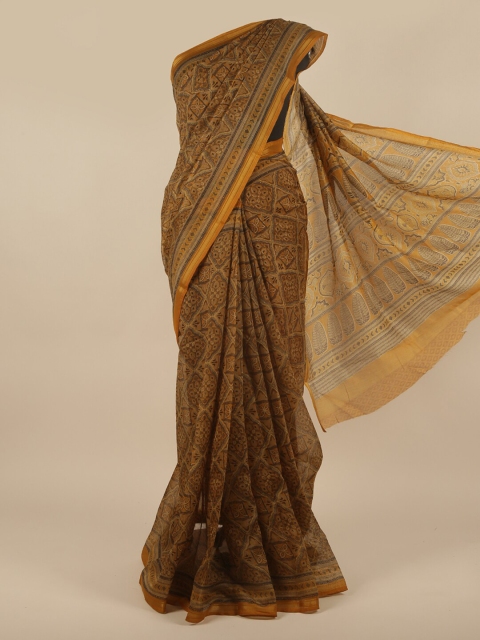 

Pothys Green & Brown Ethnic Motifs Cotton Blend Zari Saree