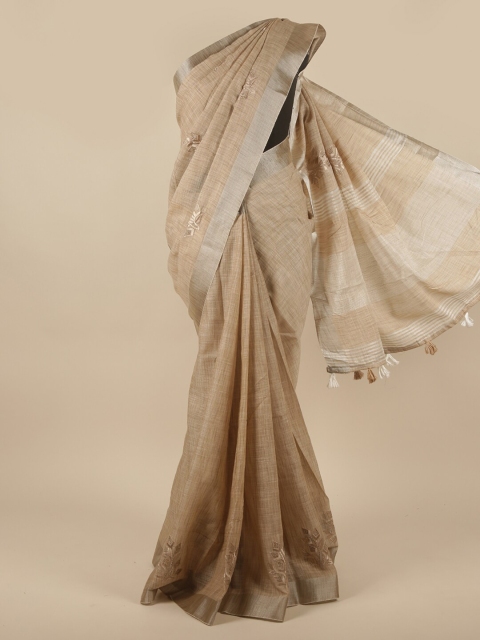

Pothys Brown & Grey Floral Embroidered Linen Saree