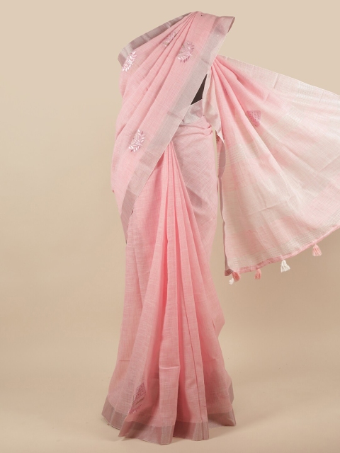 

Pothys Pink & Silver-Toned Ethnic Motifs Stones Zari Linen Blend Saree