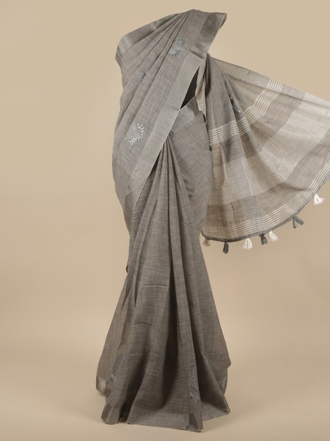 

Pothys Grey Floral Embroidered Linen Blend Saree