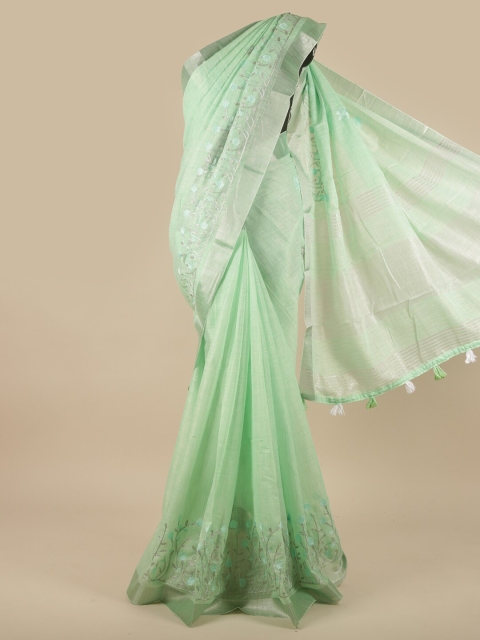 

Pothys Green & Silver-Toned Floral Embroidered Linen Blend Saree