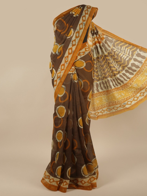 

Pothys Brown & Orange Geometric Printed Cotton Blend Zari Saree