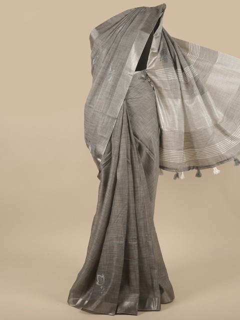 

Pothys Grey & Silver Toned Floral Embroidered Linen Saree