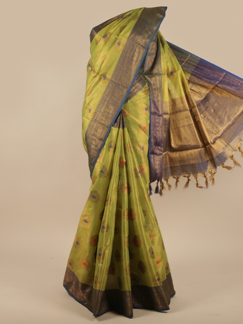 

Pothys Green, Gold-Toned & Blue Ethnic Motifs Zari Jute Silk Saree