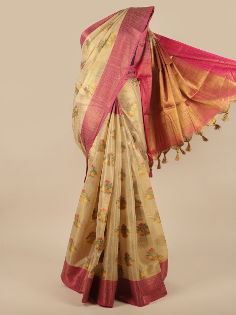 

Pothys Cream-Coloured & Pink Floral Zari Jute Silk Saree