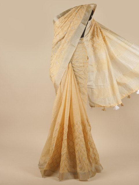 

Pothys Cream & Silver-Toned Floral Embroidered Linen Blend Saree
