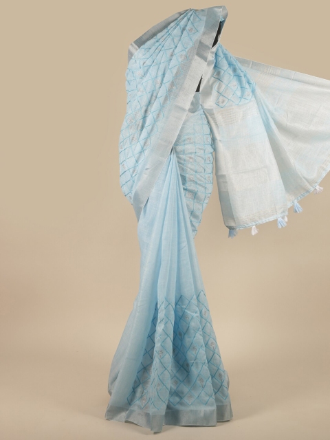

Pothys Blue & Silver-Toned Geometric Embroidered Linen Blend Saree