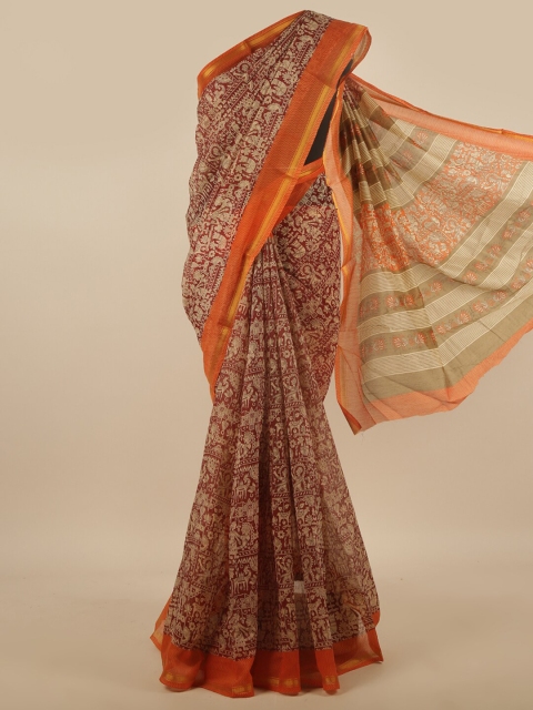 

Pothys Maroon & Orange Ethnic Motifs Printed Cotton Blend Saree