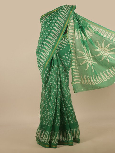 

Pothys Green & White Printed Cotton Blend Saree