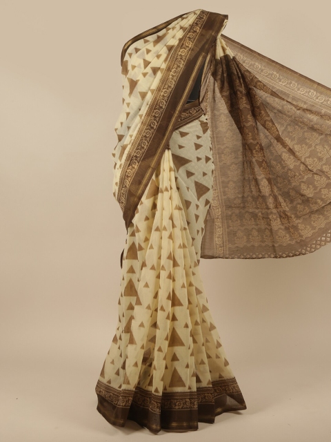 

Pothys Cream-Coloured & Green Printed Zari Saree