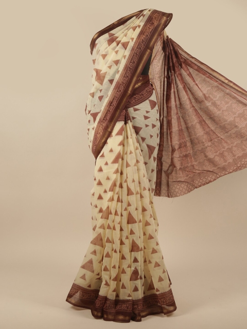 

Pothys Cream-Coloured & Brown Geometric Printed Cotton Blend Zari Saree