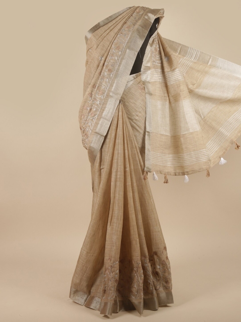 

Pothys Brown & Silver-Toned Floral Embroidered Linen Blend Saree