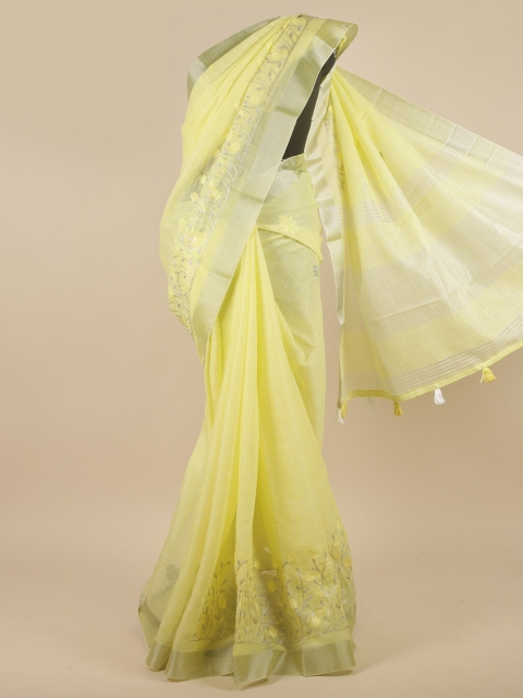 

Pothys Yellow & Silver-Toned Floral Embroidered Zari Linen Blend Saree