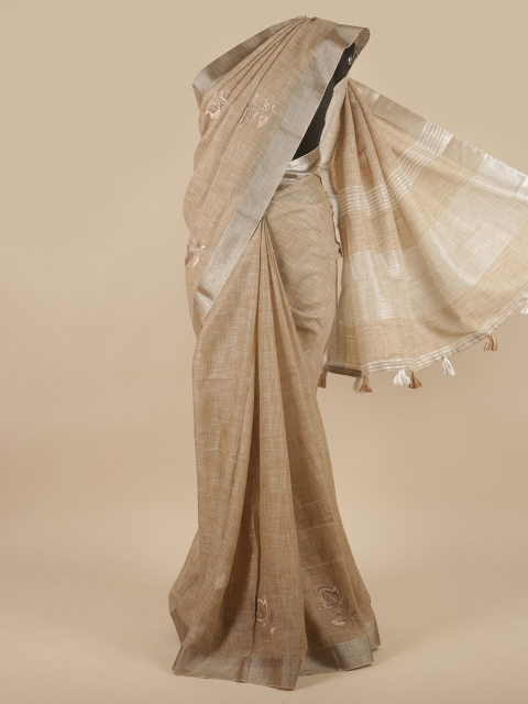 

Pothys Brown & Silver-Toned Floral Embroidered Linen Blend Saree