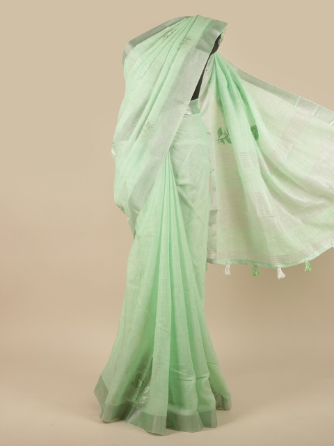 

Pothys Green & Silver Toned Floral Embroidered Linen Saree
