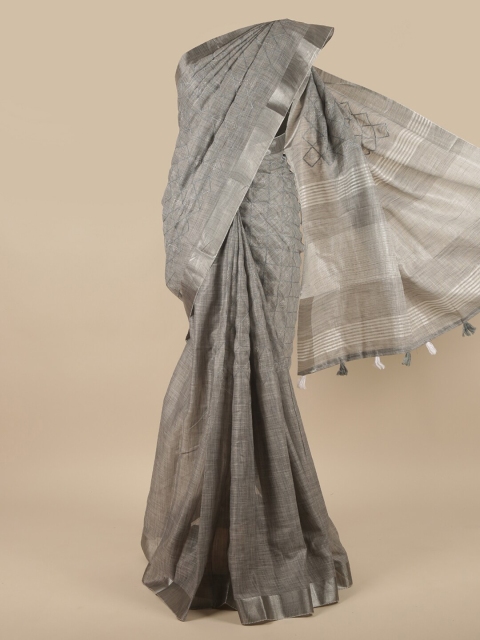

Pothys Grey & Silver-Toned Geometric Embroidered Linen Blend Saree