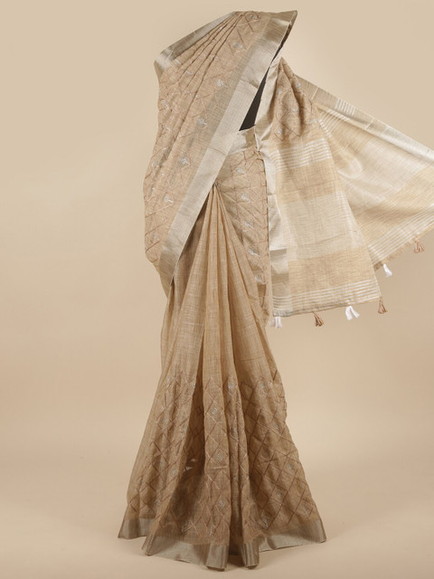 

Pothys Brown & Silver-Toned Ethnic Motifs Linen Blend Saree