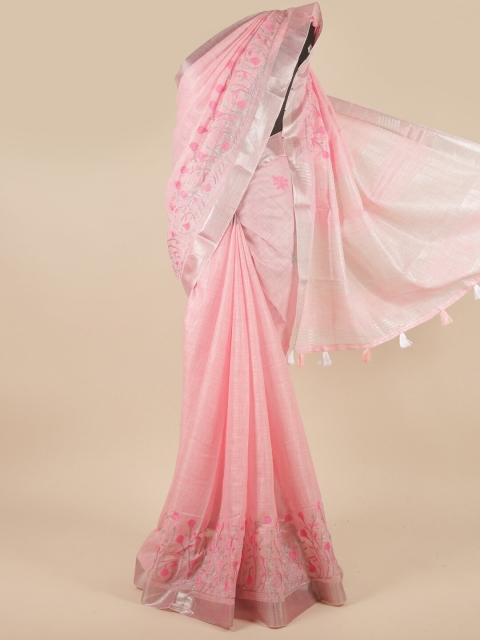 

Pothys Pink & Silver-Toned Ethnic Motifs Zari Linen Blend Saree