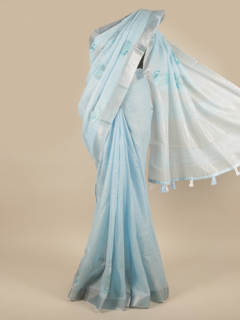 

Pothys Blue & Silver-Toned Floral Stones Linen Blend Saree