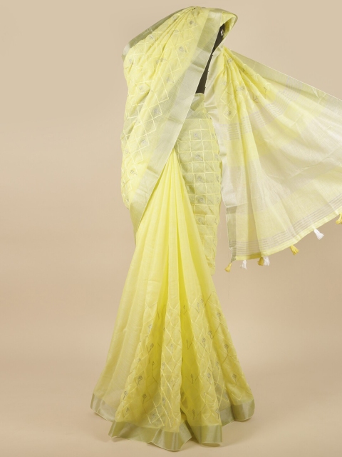 

Pothys Yellow & White Ethnic Motifs Embroidered Linen Blend Saree