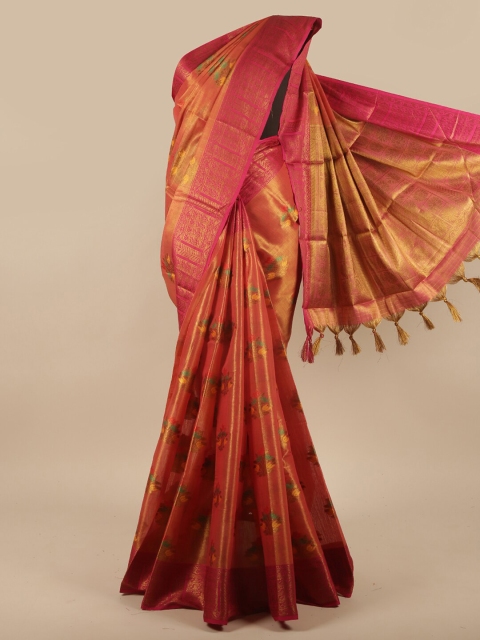 

Pothys Orange & Gold-Toned Floral Zari Jute Silk Saree