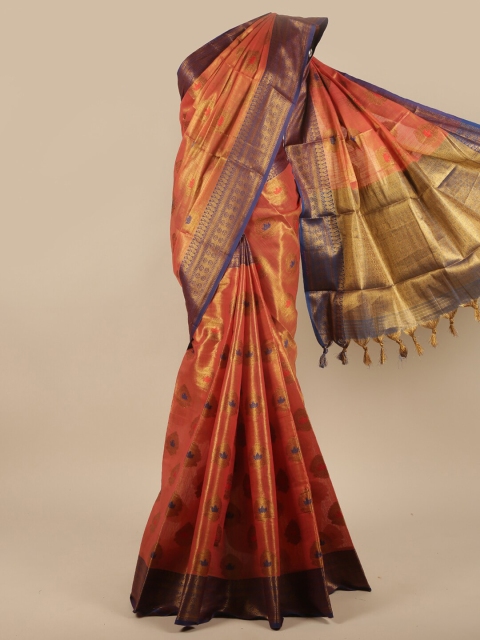 

Pothys Orange & Violet Ethnic Motifs Printed Jute Silk Saree