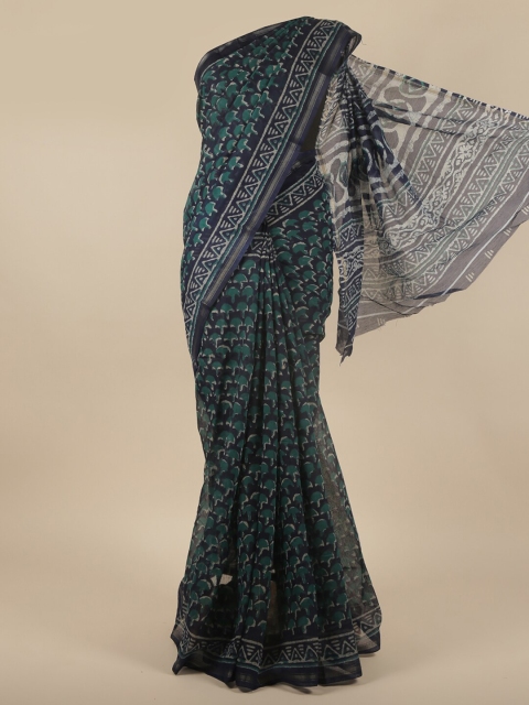 

Pothys Blue & Green Ethnic Motifs Cotton Blend Zari Saree