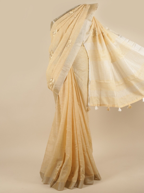 

Pothys Cream-Coloured & Silver-Toned Ethnic Motifs Embroidered Linen Blend Saree