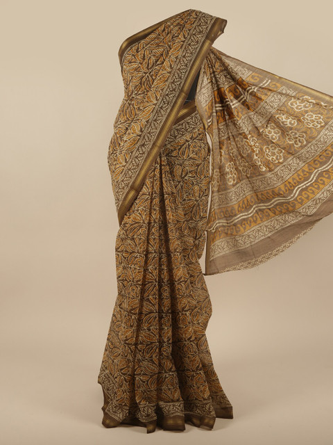 

Pothys Brown & Orange Floral Cotton Blend Zari Saree