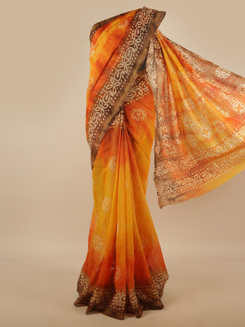 

Pothys Yellow & Orange Ethnic Motif Printed Cotton Blend Saree