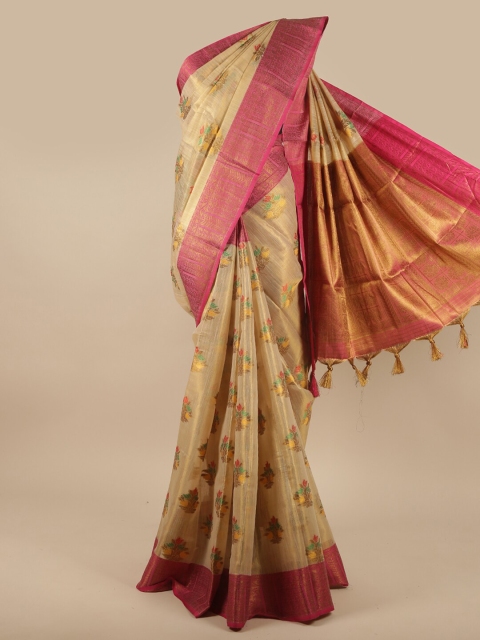 

Pothys Cream-Coloured & Pink Floral Zari Jute Silk Saree
