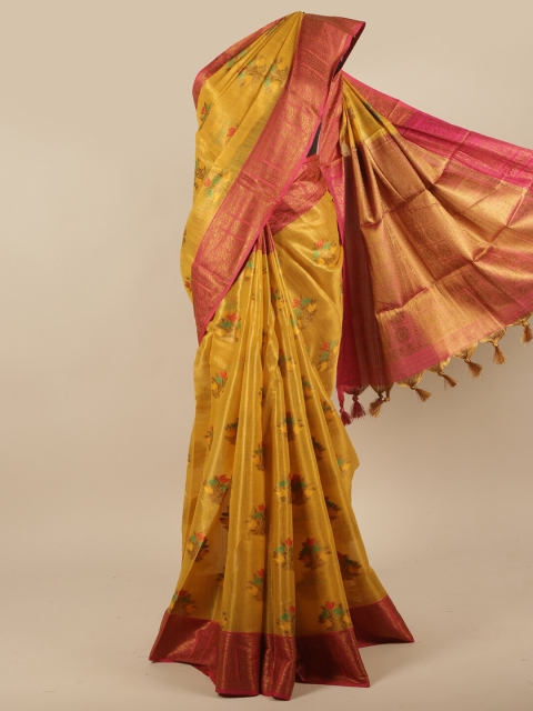 

Pothys Mustard & Pink Ethnic Motifs Zari Jute Silk Saree