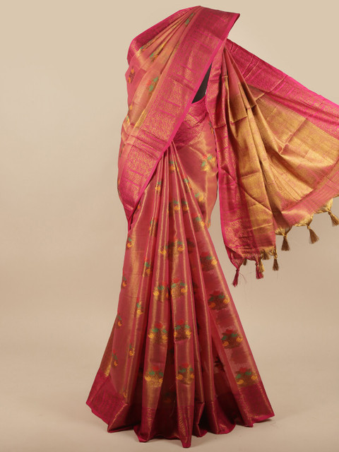 

Pothys Pink & Gold-Toned Floral Zari Jute Silk Saree