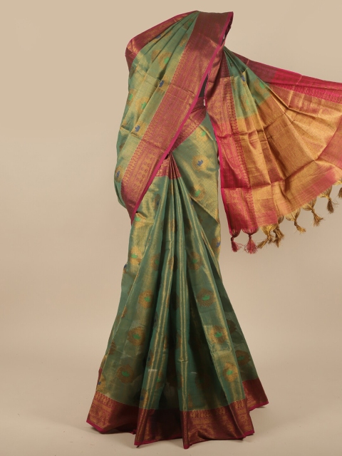 

Pothys Green, Gold-Toned & Red Ethnic Motifs Zari Jute Silk Saree