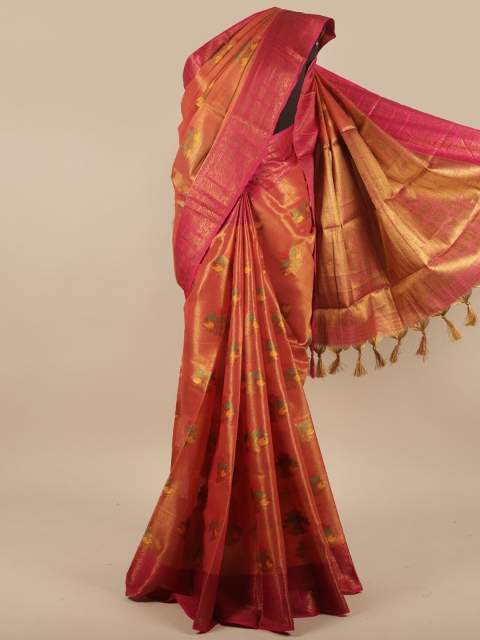

Pothys Orange & Fuchsia Floral Zari Jute Silk Saree
