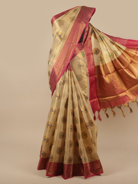 

Pothys Cream & Pink Woven Design Jute Silk Saree