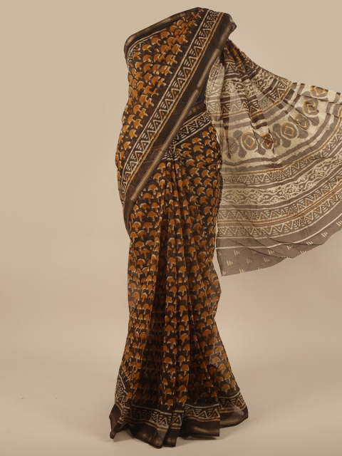 

Pothys Brown, Orange & Cream-Coloured Ethnic Motifs Printed Saree