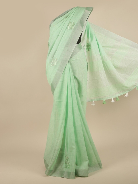 

Pothys Green Floral Zari Linen Blend Saree