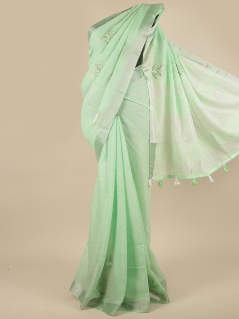 

Pothys Green & Silver-Toned Floral Embroidered Linen Blend Saree