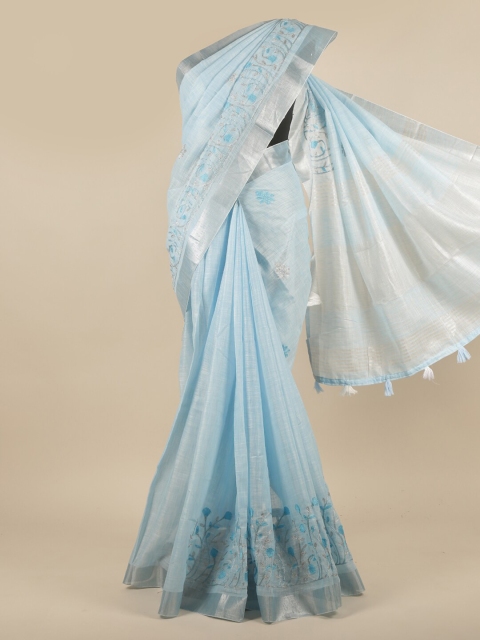 

Pothys Blue & Silver-Toned Floral Embroidered Linen Blend Saree