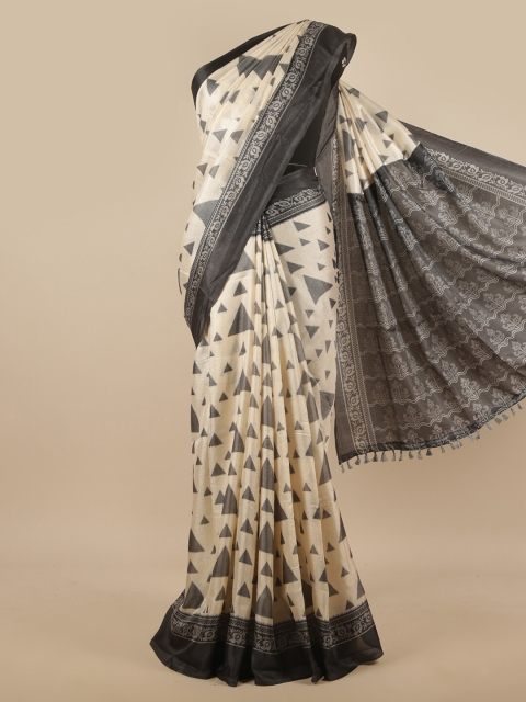 

Pothys Cream Coloured & Black Geometric Printed Cotton Blend Saree