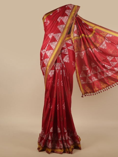 

Pothys Maroon, Gold-Toned & White Ethnic Motifs Printed Saree