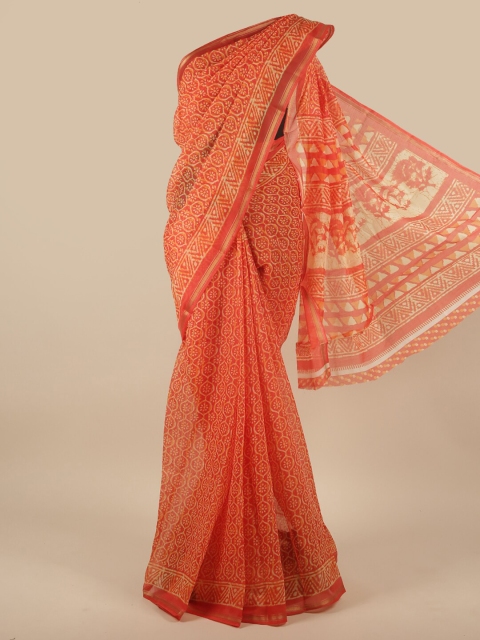 

Pothys Orange & White Printed Cotton Blend Saree