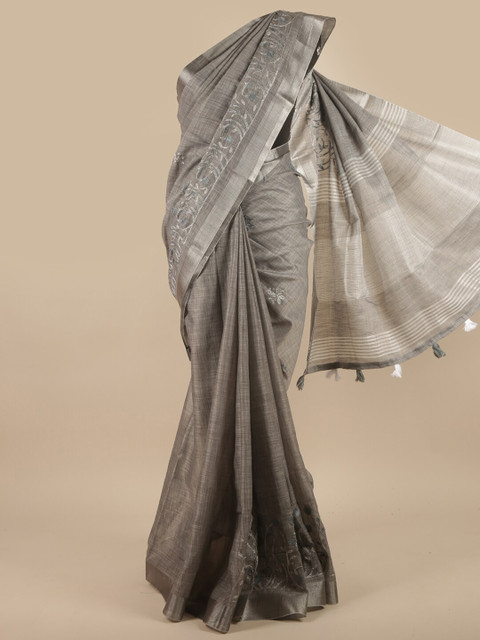 

Pothys Grey & Silver-Toned Floral Embroidered Linen Blend Saree