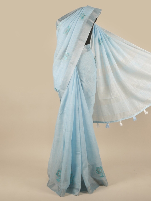 

Pothys Blue & Silver Toned Floral Embroidered Linen Blend Saree