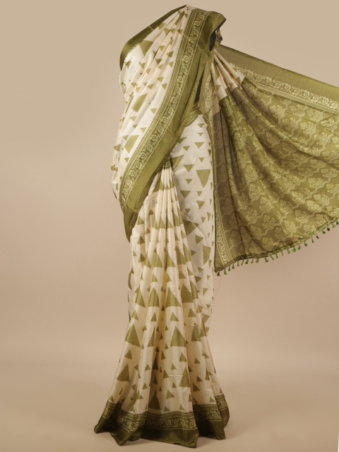 

Pothys Cream & Green Geometric Printed Cotton Blend Saree