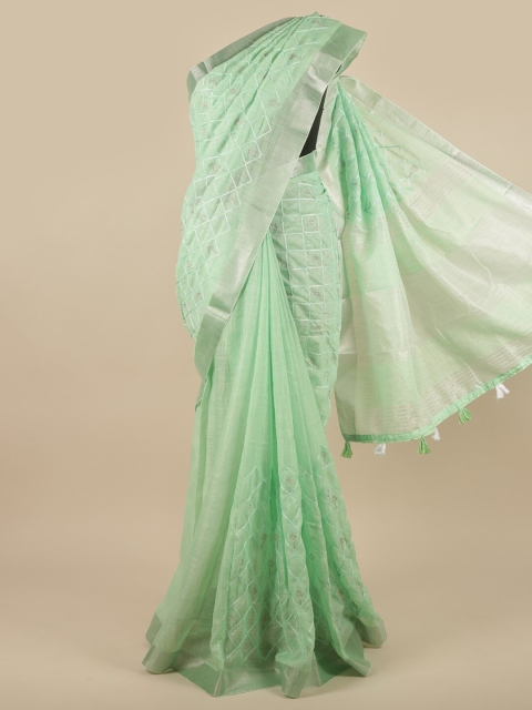 

Pothys Green & Silver-Toned Floral Zari Linen Blend Saree