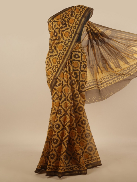 

Pothys Mustard & Brown Ethnic Motifs Geometric Printed Cotton Blend Zari Saree