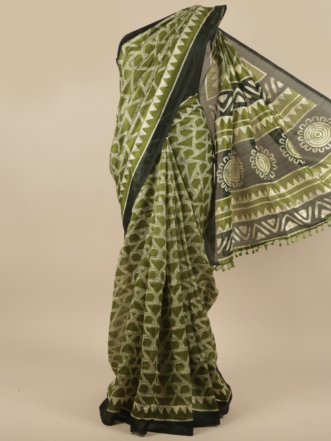 

Pothys Green & White Geometric Printed Saree